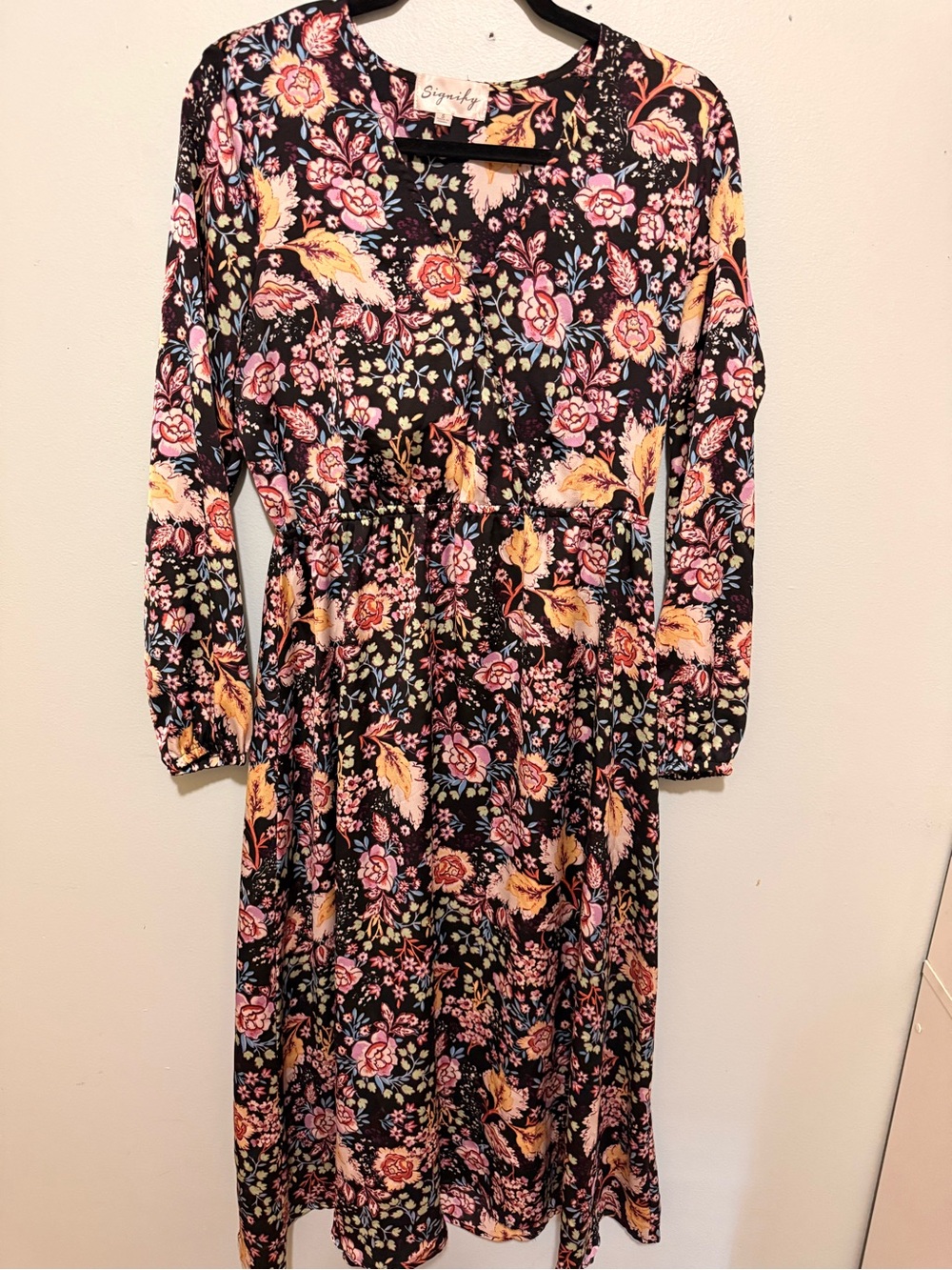 Simplicity Black Floral Long Sleeve Midi Dress with Pink & Yellow Accents